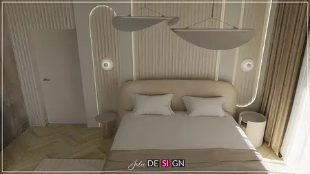 Wnętrze sypialni z jasnym łóżkiem, boho, dopamine decor, nowoczesne oświetlenie.