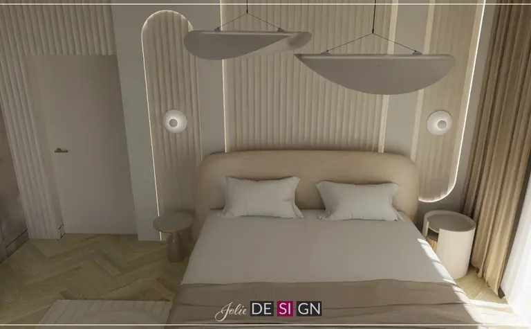 Wnętrze sypialni z jasnym łóżkiem, boho, dopamine decor, nowoczesne oświetlenie.