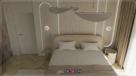 Wnętrze sypialni z jasnym łóżkiem, boho, dopamine decor, nowoczesne oświetlenie.