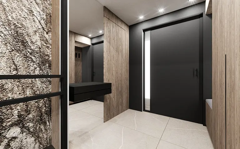 Przestronny przedpokój w stylu minimalistycznym z drewnianymi elementami i nowoczesnymi akcentami.