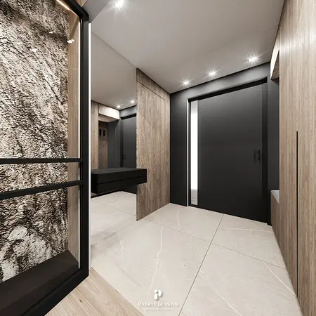 Przestronny przedpokój w stylu minimalistycznym z drewnianymi elementami i nowoczesnymi akcentami.