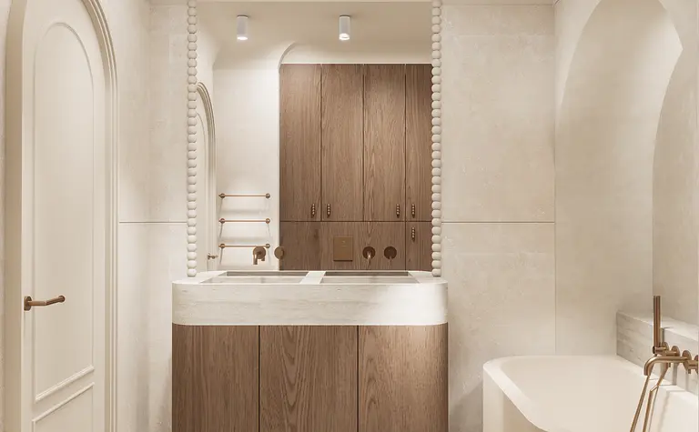 Nowoczesna łazienka z drewnianymi meblami, minimalistycznym designem, eklektycznymi detalami.