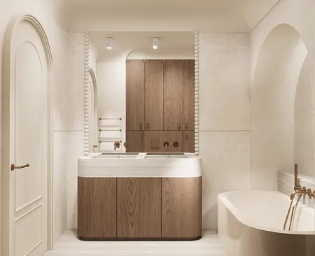 Nowoczesna łazienka z drewnianymi meblami, minimalistycznym designem, eklektycznymi detalami.