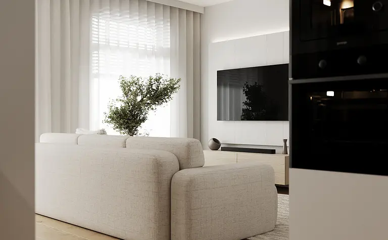 Wnętrze salonu w stylu industrialnym i japandi z białą sofą.