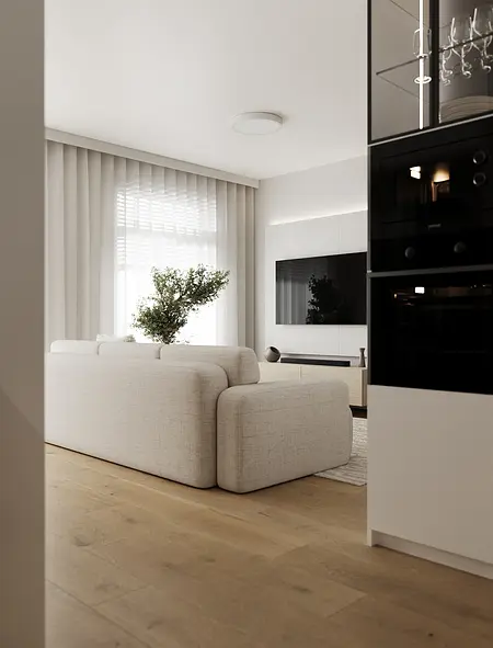 Wnętrze salonu w stylu industrialnym i japandi z białą sofą.