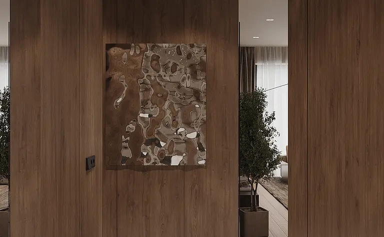 Wnętrze z drewnianymi ścianami, minimalistyczne i współczesne z elementami quiet luxury.