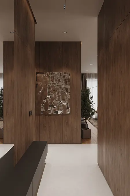 Wnętrze z drewnianymi ścianami, minimalistyczne i współczesne z elementami quiet luxury.