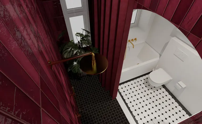 Nowoczesna łazienka w stylu art deco, eklektycznym i vintage z czerwonymi płytkami.