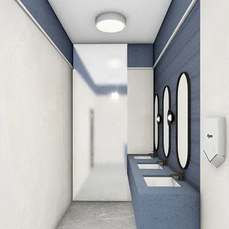 Wnętrze łazienki w stylu industrialnym i minimalistycznym z niebieskimi ścianami.