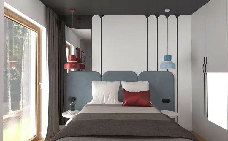 Sypialnia z niebieskim wezgłowiem i czerwonymi lampami w stylu dopamine decor.