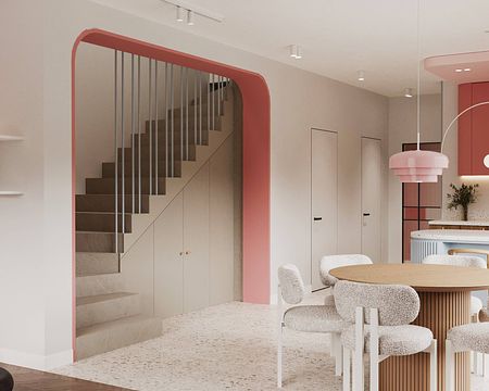 Wnętrze kuchni z różowymi akcentami, minimalistyczne i nowoczesne, styl dopamine decor.