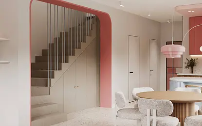 Wnętrze kuchni z różowymi akcentami, minimalistyczne i nowoczesne, styl dopamine decor.