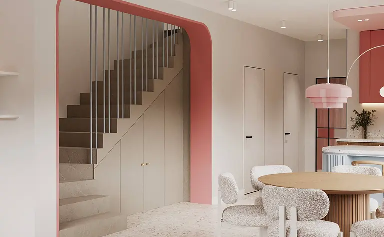 Wnętrze kuchni z różowymi akcentami, minimalistyczne i nowoczesne, styl dopamine decor.