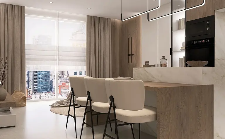 Wnętrze kuchni w stylu japandi i współczesnym z drewnianym blatem i białymi meblami.