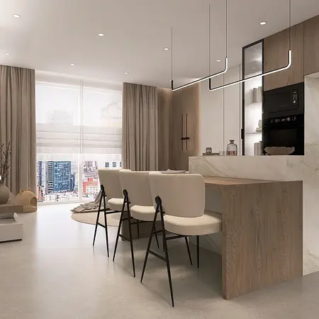 Wnętrze kuchni w stylu japandi i współczesnym z drewnianym blatem i białymi meblami.