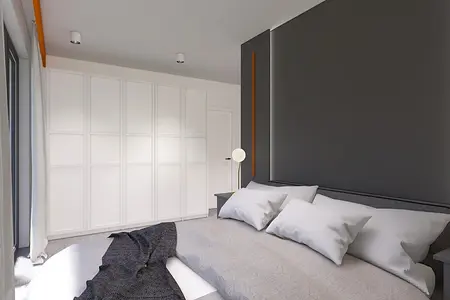 Wnętrze sypialni z minimalistycznym stylem, nowoczesnymi meblami i skandynawskim akcentem.