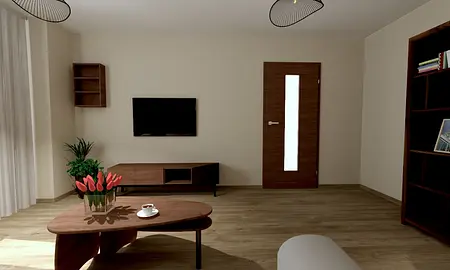 Wnętrze salonu z drewnianym stołem, telewizorem i kwiatami