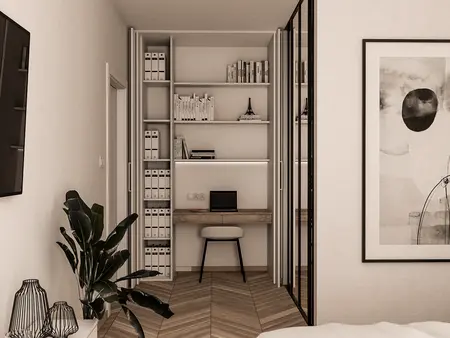 Gabinet w stylu japandi i soft minimalizm z biurkiem i regałem na dokumenty