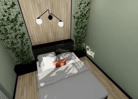 Sypialnia w stylu minimalistycznym z drewnianymi akcentami i roślinami.