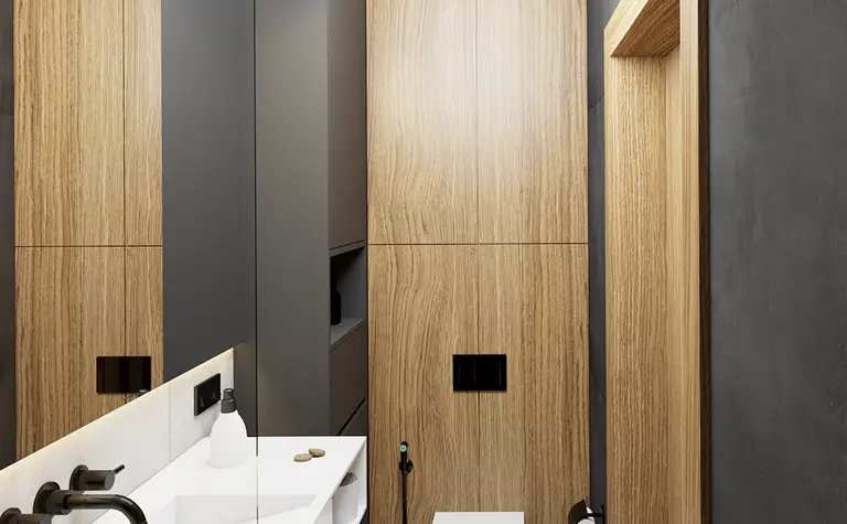 Nowoczesna toaleta z drewnianymi i szarymi elementami, minimalistyczny design