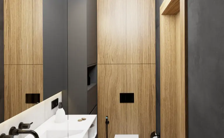 Nowoczesna toaleta z drewnianymi i szarymi elementami, minimalistyczny design