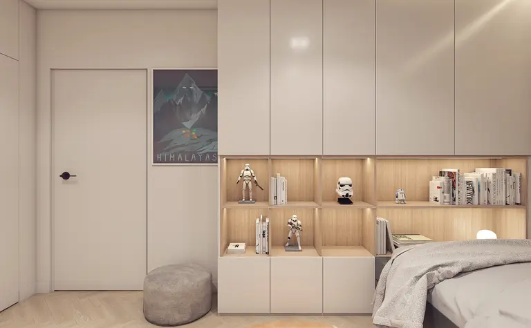 Wnętrze pokoju z minimalistycznymi meblami i nowoczesnymi detalami.