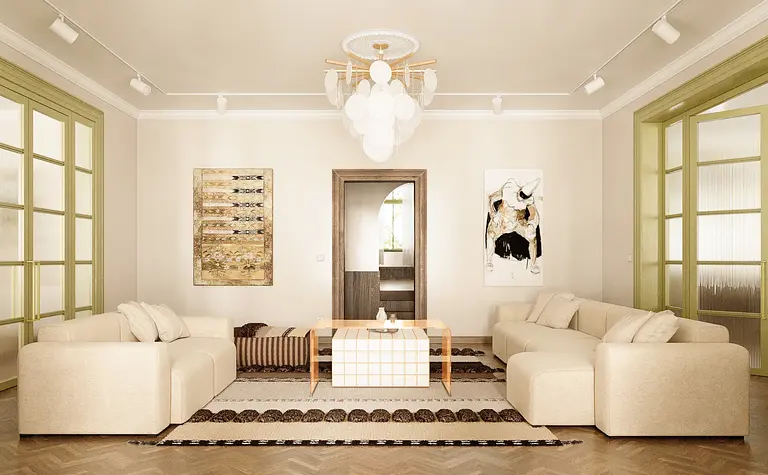 Wnętrze salonu z beżowymi sofami, zielonymi drzwiami i artystycznymi dekoracjami. Dopamine decor, vintage.
