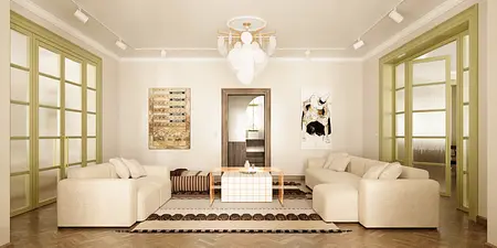 Wnętrze salonu z beżowymi sofami, zielonymi drzwiami i artystycznymi dekoracjami. Dopamine decor, vintage.