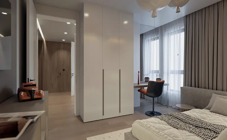Wnętrze sypialni w stylu eklektycznym, industrialnym i minimalistycznym z białymi meblami.