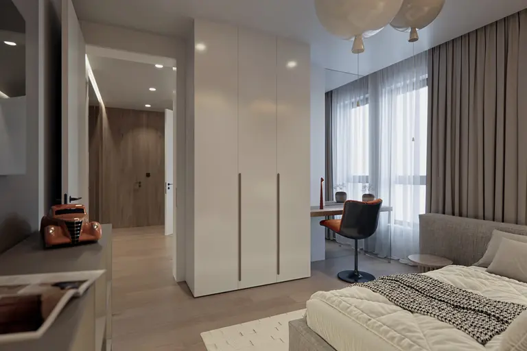 Wnętrze sypialni w stylu eklektycznym, industrialnym i minimalistycznym z białymi meblami.