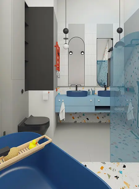 Wnętrze łazienki z niebieskimi umywalkami i minimalistycznym wystrojem. Dopamine decor.