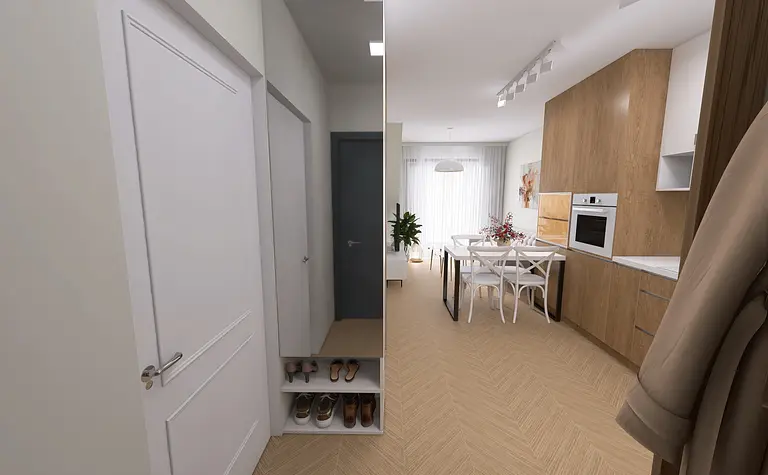Wnętrze kuchni z drewnianymi meblami, minimalistyczne i nowoczesne.