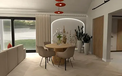 Wnętrze jadalni w stylu boho, eklektycznym i japandi z okrągłym stołem i roślinami.