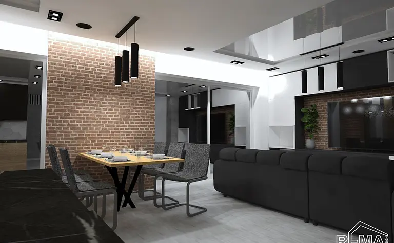 Wnętrze jadalni w stylu industrialnym z drewnianym stołem, czarnymi krzesłami i ceglaną ścianą.