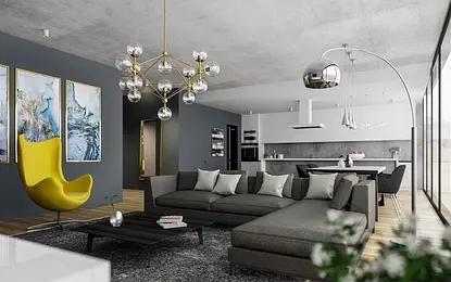 Nowoczesny salon z szarymi meblami, żółtym fotelem i eleganckim oświetleniem.