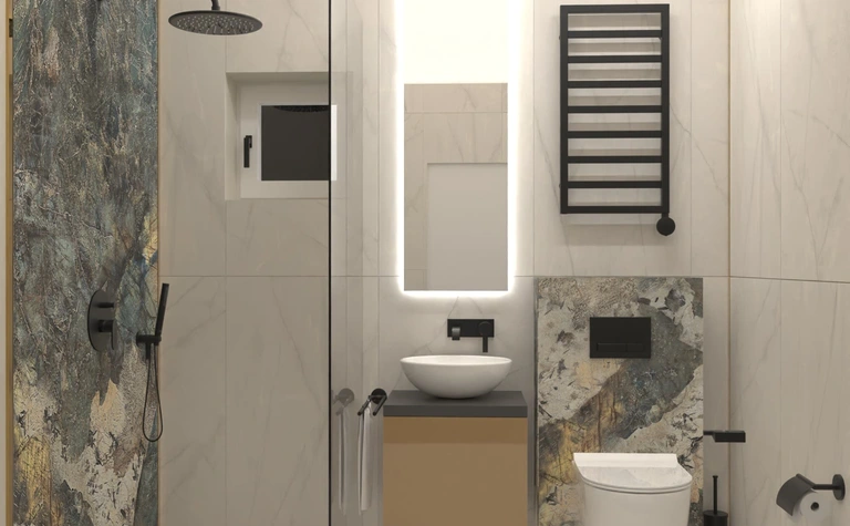 Nowoczesna łazienka w stylu dopamine decor i minimalistycznym z elementami industrialnymi.