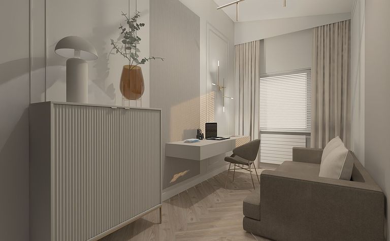Nowoczesna kuchnia z czarnymi meblami, drewnianą podłogą i rośliną, styl minimalistyczny.