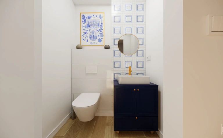 Wnętrze łazienki z niebieskimi płytkami, białą umywalką i drewnianą podłogą, styl dopamine decor, eklektyczny, skandynawski.