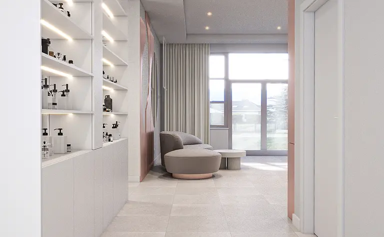 Przedpokój w minimalistycznym stylu z szarymi płytkami i białymi meblami.