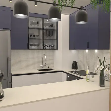 Kuchnia w stylu dopamine decor i soft minimalizm z granatowymi meblami