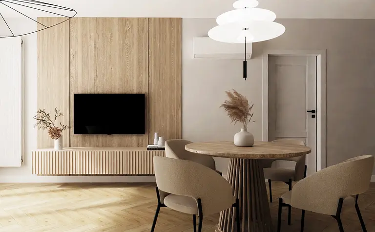 Wnętrze salonu w stylu glamour, japandi i minimalistycznym z drewnianymi elementami i nowoczesnym oświetleniem.