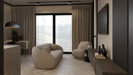 Wnętrze salonu w stylu japandi z minimalistycznymi meblami i roślinami.