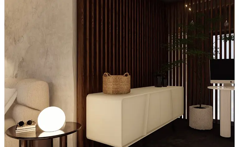 Wnętrze salonu w stylu glamour, industrialnym i japandi z jasnymi meblami i drewnianymi detalami.