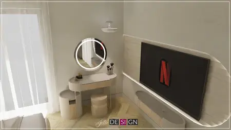Wnętrze z lustrem, telewizorem i minimalistycznymi meblami, styl boho, dopamine decor, eklektyczny