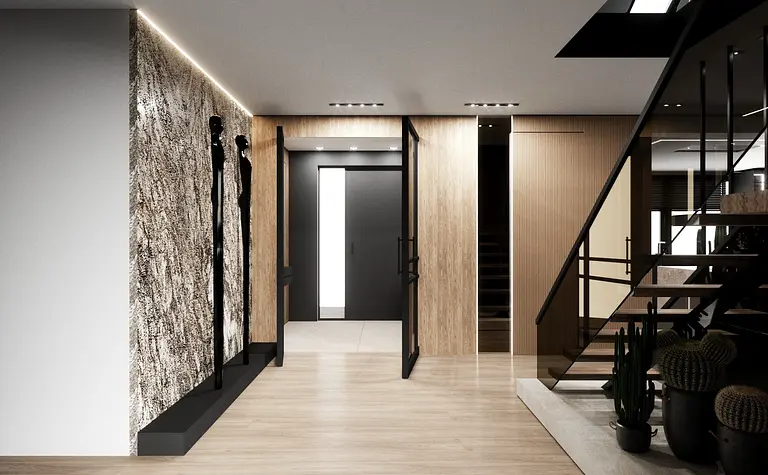 Przedpokój w stylu industrialnym z minimalistycznymi akcentami, drewnianą podłogą i roślinami.