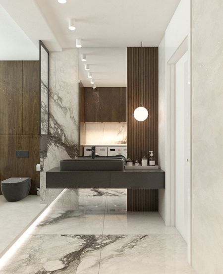 Nowoczesna łazienka w stylu eklektycznym z glamour, z drewnem i marmurem.