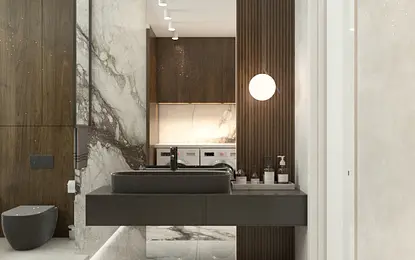 Nowoczesna łazienka w stylu eklektycznym z glamour, z drewnem i marmurem.