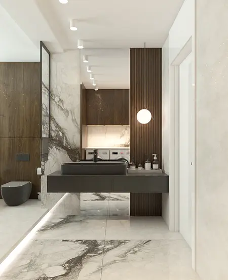 Nowoczesna łazienka w stylu eklektycznym z glamour, z drewnem i marmurem.