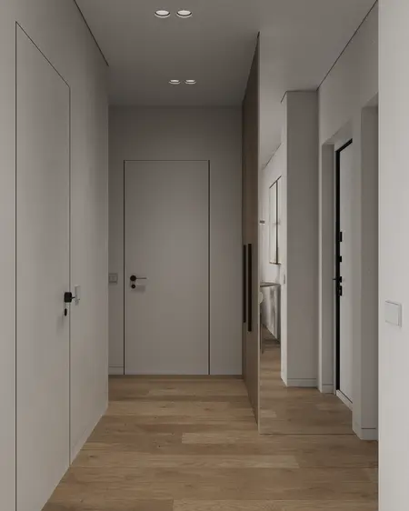 Przedpokój w stylu industrialnym z minimalistycznym designem i nowoczesnymi akcentami.