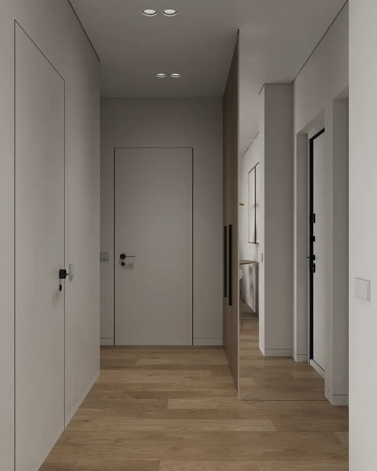 Przedpokój w stylu industrialnym z minimalistycznym designem i nowoczesnymi akcentami.